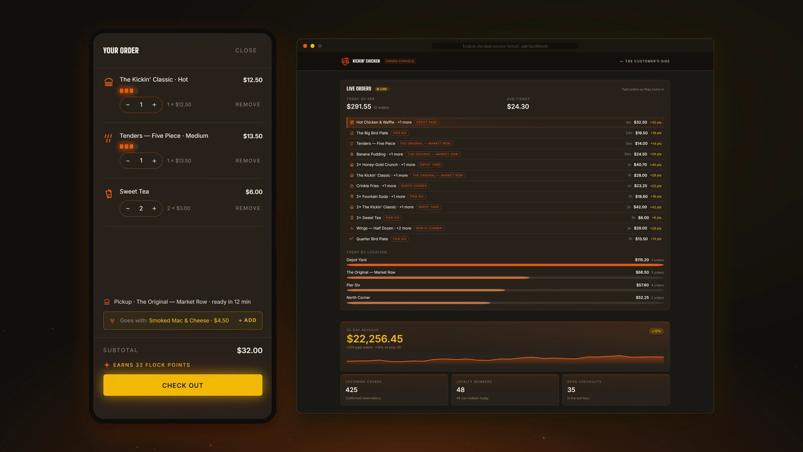 The Kickin’ Chicken build: a phone showing a customer’s order with the checkout total, beside the owner console listing tonight’s paid orders and takings.